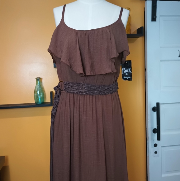 Rack 47 By Wrangler Brown Belted Spaghetti Strap Ruffle Dress Size XL - Picture 5 of 16